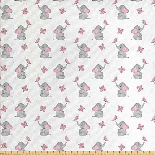 Ambesonne Elephant Nursery Fabric by The Yard Baby Elephants Playing with Butterflies Design Pattern Decorative Fabric for Upholstery and Home Accents 1 Yard Grey Pink