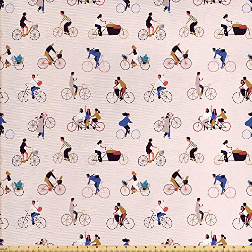 Ambesonne Bicycle Fabric by The Yard Men and Women People Riding Bikes Repetition on Pastel Toned Background Decorative Fabric for Upholstery and Home Accents 1 Yard Rose Blue