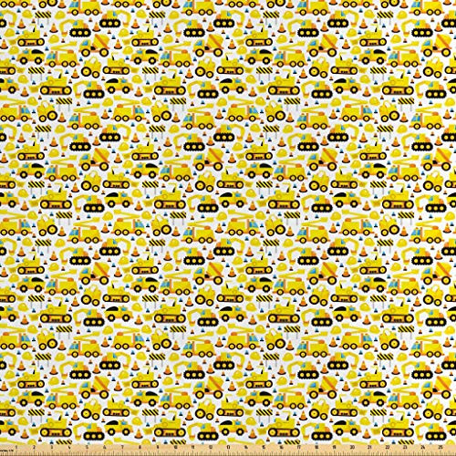 Lunarable Nursery Fabric by The Yard Construction Vehicles Cartoon Style Machines Safety Building Theme Decorative Satin Fabric for Home Textiles and Crafts 1 Yards Yellow White