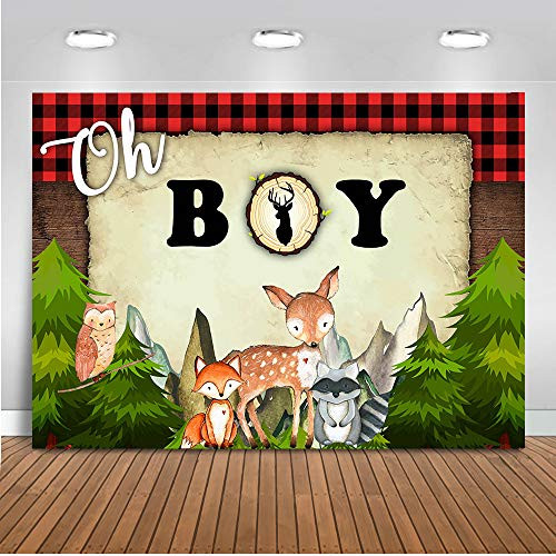 Mocsicka Woodland Baby Shower Backdrop Lumberjack Oh Boy Baby Shower Photography Background 7x5ft Vinyl Woodland Animals Baby Shower Banner Backdrops