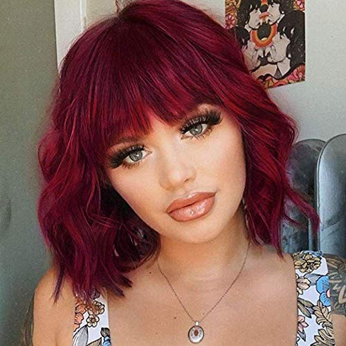 Qangelabeauty Synthetic Curly Bob Wig with Bangs Short Bob Wavy Hair Wig Wine Red Color Shoulder Length Wigs for Women Bob Style Synthetic Heat Resistant Wigs