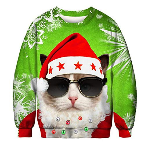 Womens Reindeer HO Ugly Christmas Sweater Funny 3D Xmas Tree Snowman Graphic Ugly Knitted Sweat Shirt Pullover XX-Large F-Santa Cat Sweatshirt