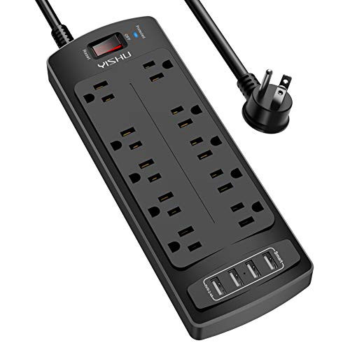 Power Strip YISHU Surge Protector with 10 Outlets and 4 USB Ports 6 Feet Extension Cord Black