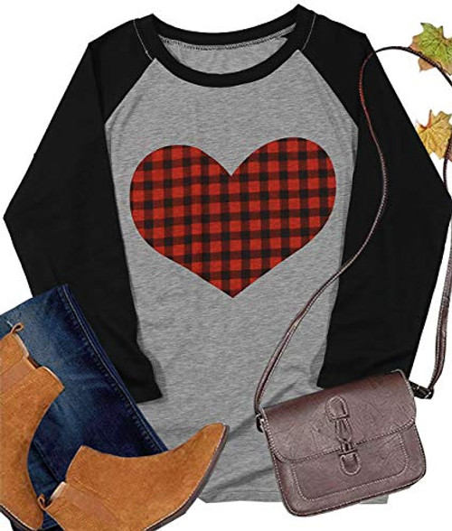 Valentines Day Buffalo Plaid Love Heart Shirt Women 34 Sleeve Raglan Baseball T-Shirt Casual Tee Tops Size M Gray Valentines Day Buffalo Plaid Love Heart Shirt Women 34 Sleeve Raglan Baseball T-Shirt Casual Tee Tops Size M Gray