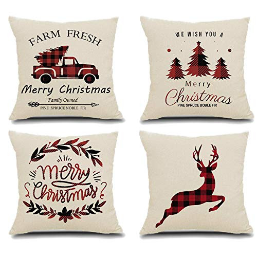 SuperMake Christmas Pillow Covers 18x18 inch Set of 4 Red Black Buffalo Check Truck Christmas Trees Reindeer Farmhouse Decorative Throw Pillow Cover Christmas Decor Decorations Cushion Case for Home