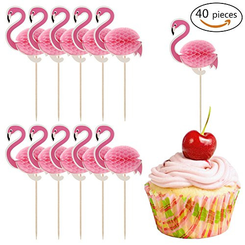 Xinzistar 40 Pieces 3D Flamingo Cake Toppers Party Supplies Cupcake Toppers Cocktail Picks Cake Decoration for Luau Hawaii Birthday Wedding Beach Party