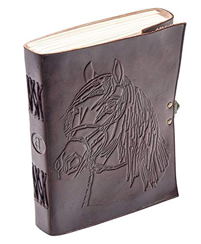 Leather journals Vintage Horse Embossed Leather Journal Notebook Diary Handmade Paper - Coptic Bound with Lock Closure