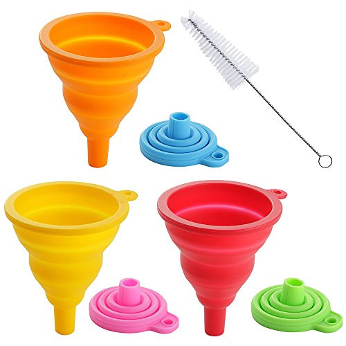 YWQ 6 Pcs Collapsible Funnel with Bottle Brush,Flexible Silicone Foldable Kitchen Funnel for Liquid/Powder Transfer,100% Food Grade Silicone FDA Approved Silicone Funnel