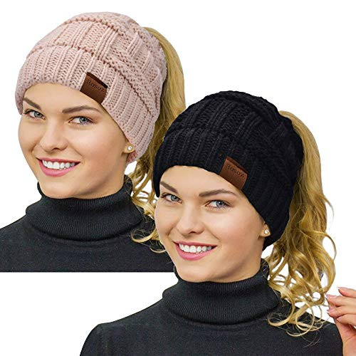 Rosoz Ponytail Beanie for WomenWinter Warm Beanie Tail Soft Stretch Cable Knit Messy High Bun Hat