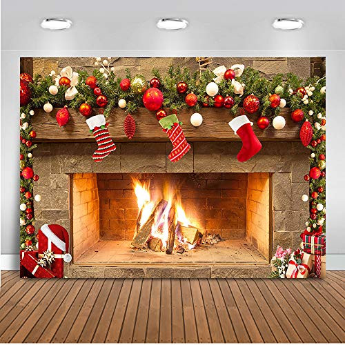 Mocsicka Christmas Fireplace Backdrop for Photography Merry Christmas Eve Home Decor Christmas Trees Socks Xmas Gifts Photo Studio Backdrop 7x5ft