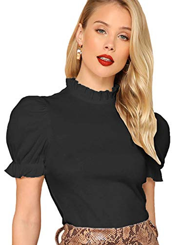 Floerns Womens Frill Neck Puff Sleeve Solid Tee Blouse Tops B Black L