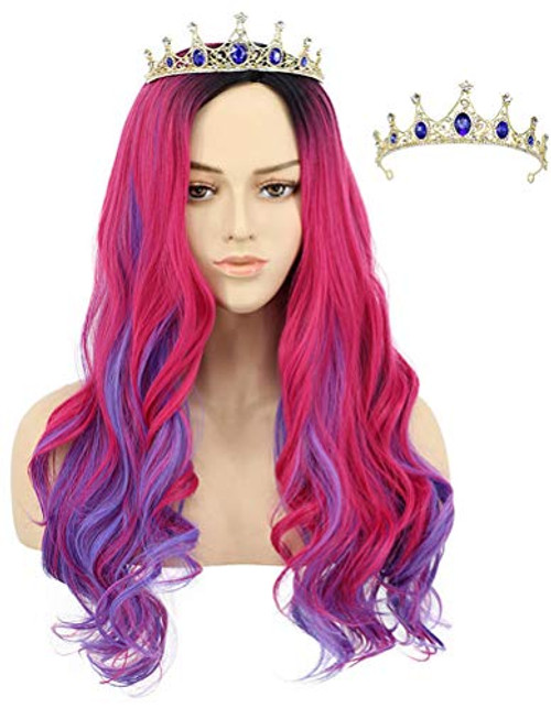 VGbeaty Adult Women Long Curly Black Gradient Pink and Purple Wig with Blue Crown Halloween Cosplay Costumes Anime Party Wig VGbeaty Adult Women Long Curly Black Gradient Pink and Purple Wig with Blue Crown Halloween Cosplay Costumes Anime Party Wig