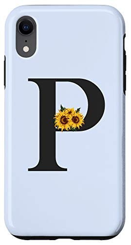iPhone XR Black Mermaid White Monogram Letter P Initial Sunflower Case