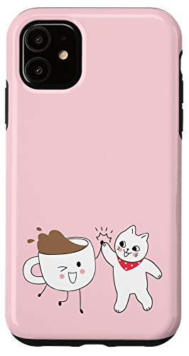 iPhone 11 Funny Coffee Cup and Cat Pink Base Doodle Case