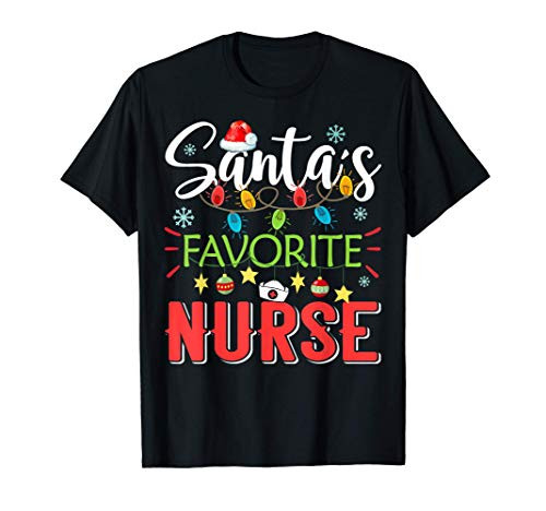 Santas Favorite Nurse Xmas Light Santa Hat Christmas Gift T-Shirt