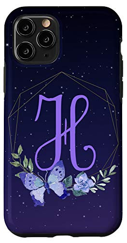 iPhone 11 Pro H Initial Purple Lavender Butterfly Flowers Floral Galaxy Case
