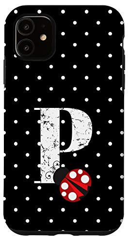 iPhone 11 Ladybug Black White Polka Dots Monogram Initial Letter P Case