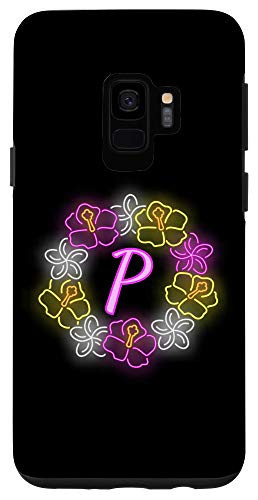 Galaxy S9 Letter P Monogram Hibiscus Flower Floral Alphabet on black Case