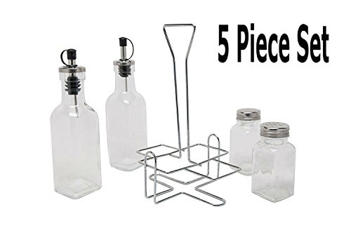 5 Piece Glass Steel Oil Cruet Vinegar Dispenser Salt Shaker Pepper Shaker Set With Holder Glass Kitchen Storage