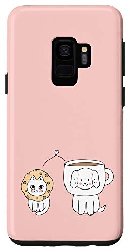 Galaxy S9 Cookie Head Cat and Coffee Cup Head Dog Funny Pink Doodle Case