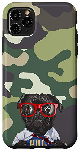 iPhone 11 Pro Max Black Super Pug Dog Green Camouflage Pattern Animal Head Case
