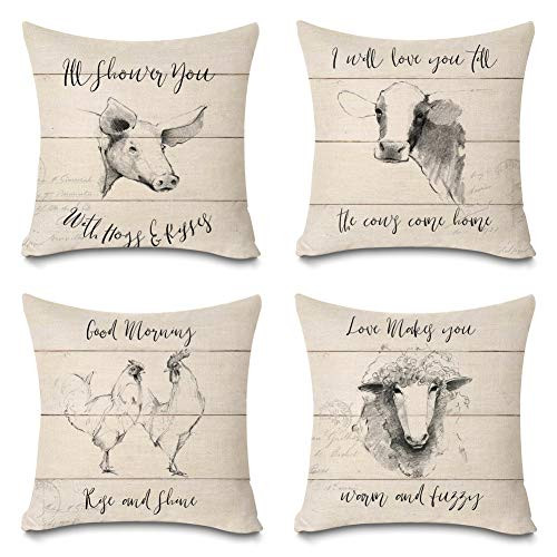 Faromily Farm Love Quotes Pillow Covers Farmhouse Sheep Pig Cow Rooster Vintage Wood Home Decorative Cushion Covers Throw Pillow Case Cotton Linen 18 x 18 inch Set of 4