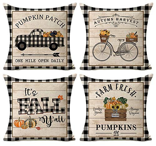 Kithomer Autumn Pumpkin Patch Pillow Cover Set of 4 Fall Buffalo Check Plaid Decorative Thanksgiving Throw Pillow Cases Farmhouse Fall Decorations 18x18 inch