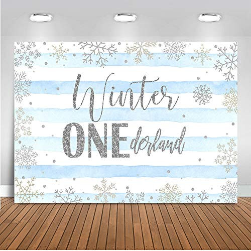 Mocsicka Winter Onederland Backdrop 7x5ft Blue White Striped Silver Snowflakes Boy 1st Birthday Photography Background Winter First Birthday Photo Backdrops