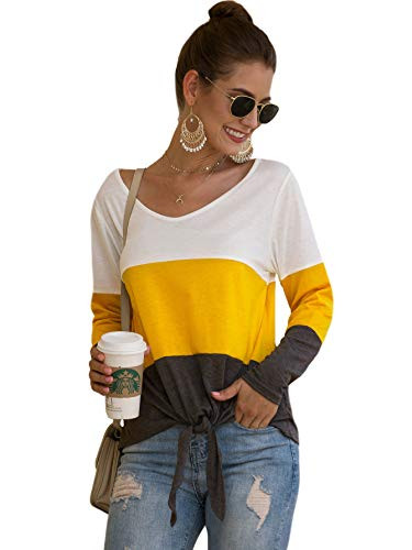 Romwe Womens Casual Color Block Tie Knot Front Long Sleeve V Neck T Shirt Tee Tops White and Yellow S