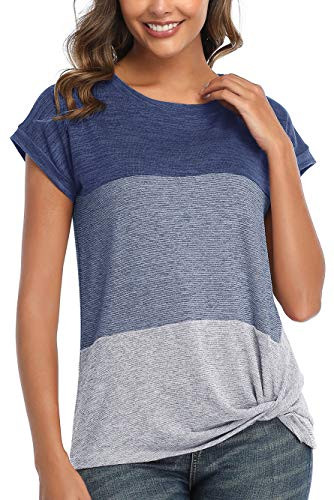 ANFTFH Womens Short Sleeve T Shirt Color Block Twist Casual Blouses and Tops Blue S