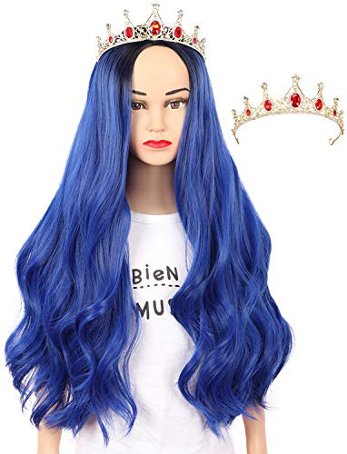 Yuehong Dark Root Long Blue Wigs Wavy Synthetic Costume Halloween Cosplay Anime Wig Kid