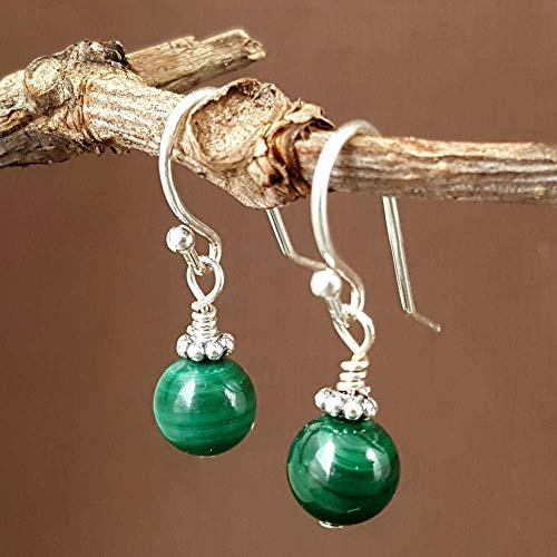 Malachite Natural Gemstone Minimal Drop Earrings - 925 Sterling Silver Malachite Natural Gemstone Minimal Drop Earrings - 925 Sterling Silver
