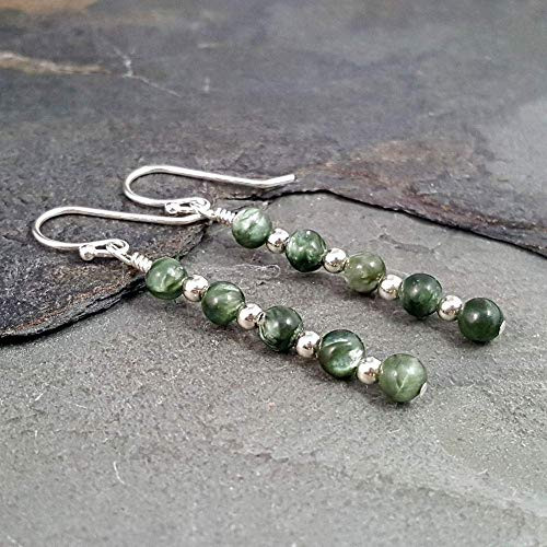 Seraphinite Natural Gemstone Bar Drop Earrings - 925 Sterling Silver Seraphinite Natural Gemstone Bar Drop Earrings - 925 Sterling Silver
