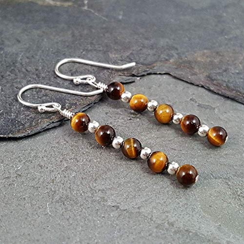 Tiger Eye Natural Gemstone Bar Drop Earrings - 925 Sterling Silver Tiger Eye Natural Gemstone Bar Drop Earrings - 925 Sterling Silver