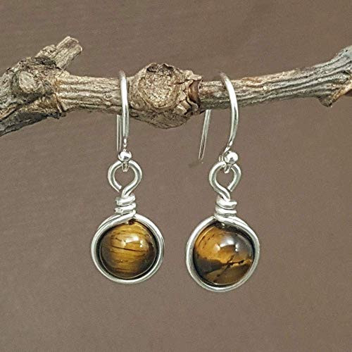 Tiger Eye Gemstone Minimal Drop Earrings - 925 Sterling Silver Tiger Eye Gemstone Minimal Drop Earrings - 925 Sterling Silver