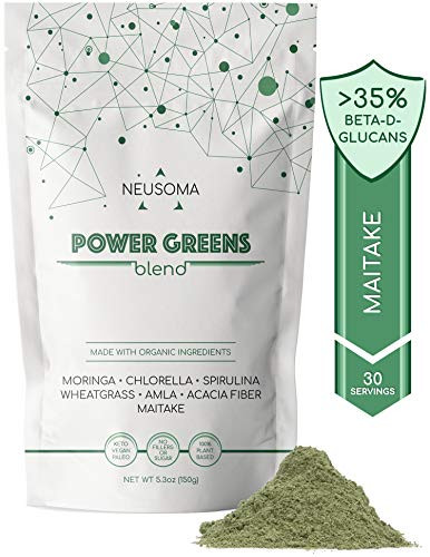 Organic Power Greens  Superfood Greens Powder Supplement  Wheatgrass Moringa Spirulina Chlorella Amla  Maitake  100 Fruiting Body  No Sweeteners or Fillers  Neusoma  30 Servings