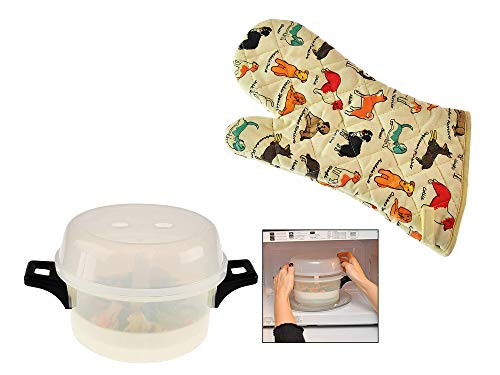 Home-X Cotton Oven Mitt for Cooking and Serving Dog Breed Print Bright Pattern and Microwave Vegetable Steamer Pot BPA Free Dishwasher Safe Meal Cooker