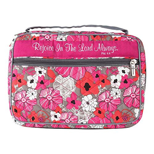 Dicksons Rejoice in The Lord Always Pink Floral Pattern Quilted Cotton Zippered Bible Cover Case with Handle Thinline