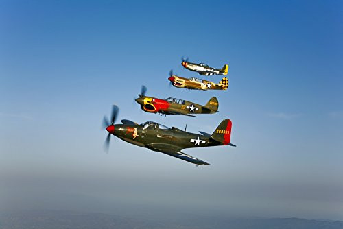 Posterazzi A Bell P-63 Kingcobra two Curtiss P-40N Warhawk and a North American P-51D Mustang in flight near Chino California_ Poster Print 17 x 11