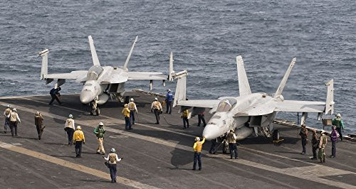 Posterazzi Persian Gulf October 30 2011-An FA-18F FA-18E Super Hornet ready for a mission from the flight deck of USS George H_W_ Bush Poster Print 19 x 10