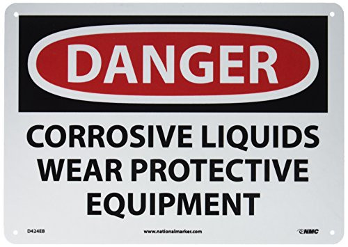 NMC D424EB DANGER - CORROSIVE LIQUIDS WEAR PROTECTIVE EQUIPMENT Sign - 14 in_ x 10 in_ Fiberglass Danger Signage BlackWhite on WhiteRed