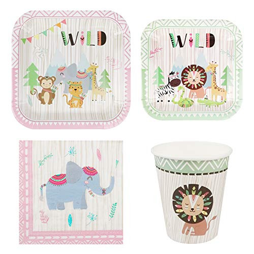 Woodland Creatures Party Supplies Pack Serving 16 Guests Including Dinner Plates Luncheon Napkins and Cups Supply Tableware Set Kit for Forest Animals Wild One Theme Baby Shower Birthday Party Decorations