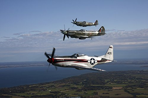 Posterazzi PSTDKA100149M Angelholm Sweden-North American P-51 Cavalier Mustang with Supermarine Spitfire XVIII and Mk_ XVI Fighter warbirds Poster Print 17 x 11