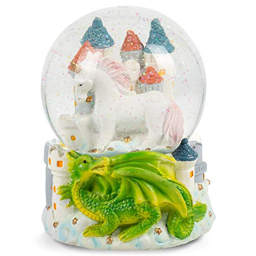 Elanze Designs Castle Unicorn with Green Dragon Figurine 100MM Water Globe Plays Tune You are My Sunshine