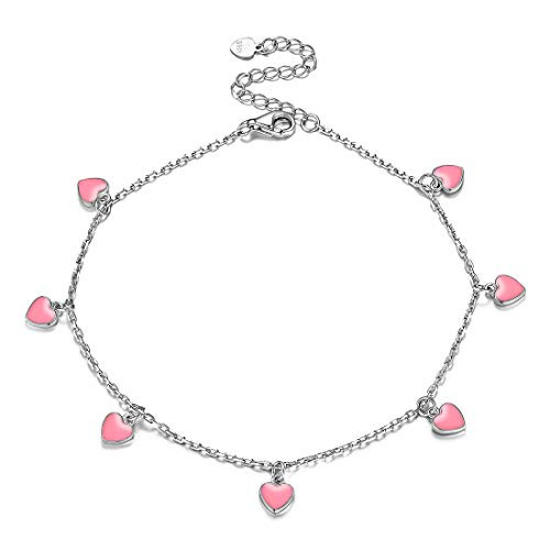 925 Sterling Silver Anklet Pink Enamel Love Heart Ankle Bracelet Dainty Cute Boho Beach Ankle Bracelet Adjustable Ankle Foot Chain for Women Girls