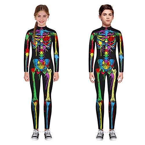 Stretchy Scary Skeleton Jumpsuit for Boys Girls Kids Halloween Novelty Silky Skull Cosplay Thin Bodysuit