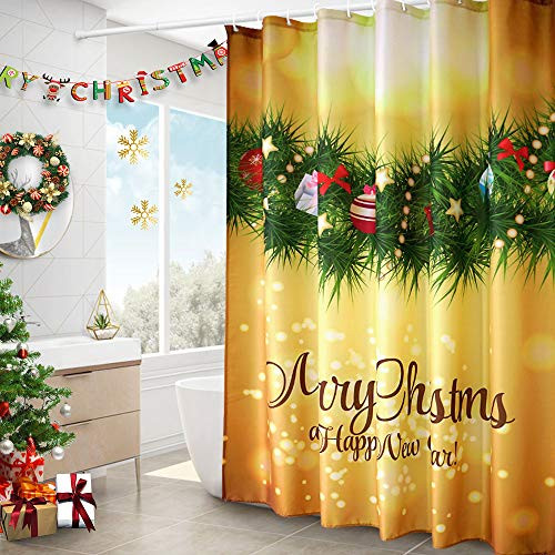 AooHome New Year Gift Box Shower Curtain?Soft Polyester Christmas Ball Decor Bath Curtain with Hooks Heavy Duty Weighted Hem Yellow 72x78 Inch