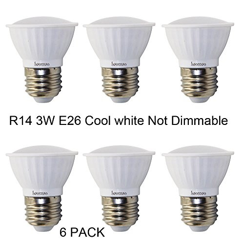 Baomao (6 Pack) 3W Cool White R14 Not Dimmable LED flood Bulbs, E26 base, 25W Incandescent Bulbs Equivalent, FCC Listed, 270lm,Angle:120 degree 5500K.