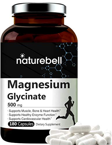 NatureBell Maximum Strength Magnesium Glycinate 500mg 180 Capsules Supports Muscle Bone Joint Heart Health Enzyme Function No GMOs Made in USA