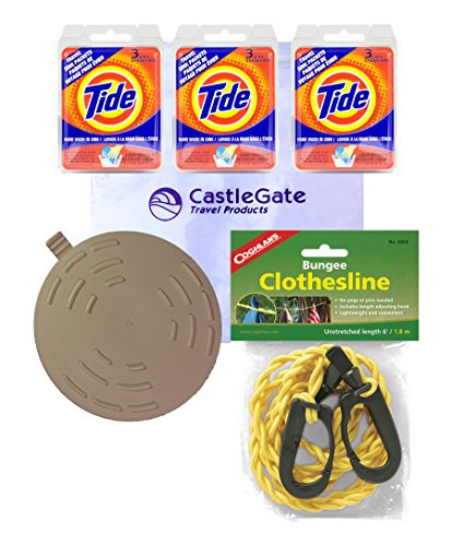 Premium Travel Laundry Kit Tide Liquid Sink Packets Drain Stopper and Coghlans Travel Size Bungee Clothesline